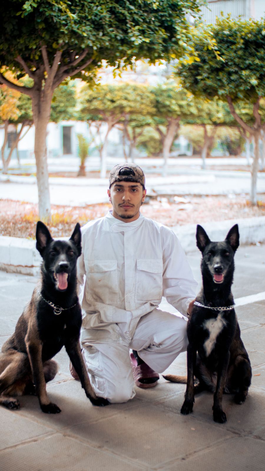 Young man crouching between two black dogs in a park